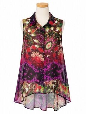 Live 4 Truth 2X Tunic Blouse NWT Sleeveless Floral Geometric Hi-Lo Sheer Top Art